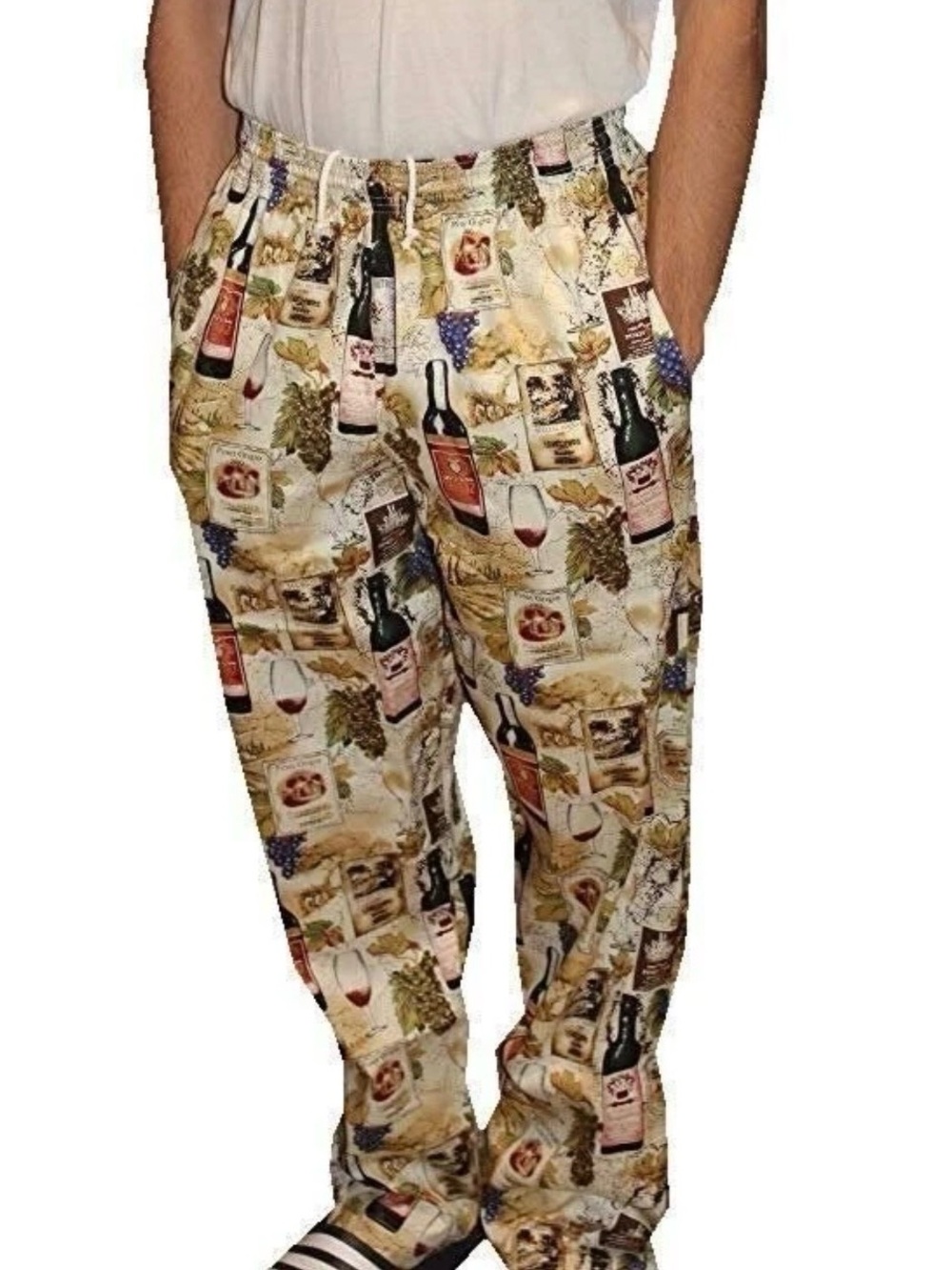 Chefwear Wine Bottle Print Chef Pants Size Large Cotton Elastic Waist Culinary